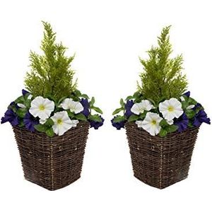 GreenBrokers Rotan Kunstmatige Patio Planters met Donker Paars & Wit Petunias (Set van 2)