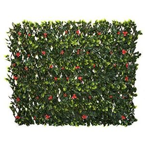 GreenBrokers Trellis Kunstmatige Wilgenomheining met Groene Blad Gebladerte en Rode Bloemen (1m x 2m) -UV Stabiel