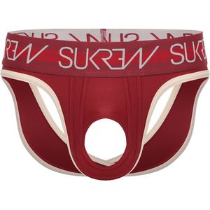 Sukrew Classic U-Style V-Brief Burgundy/Cream - Maat XL - Sexy Heren Ondergoed - Erotische Jockstrap met open voorkant