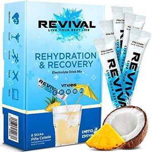 Revival Rapid Rehydration, Electrolytes Powder - Hoge sterkte vitamine C, B1, B3, B5, B12 Supplement Sachet Drink, bruistabletten voor hydratatie van elektrolyten - 6 pack Pina Colada