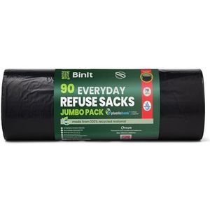 BinIt Jumbo Pack Dagelijks 70 Liter Vuilniszakken, Sterk En Veilig, Platte Top, Gerecycled, Scheurbestendig, 30 μm, Perfect Voor Dagelijks Gebruik, Huishouden, Kantoor