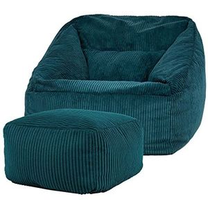 icon “Natalia” Corduroy Zitzakfauteuil en Hocker, Teal Groen, XXL Zitzakstoel, Zitzak Volwassenen met Vulling, Woonkamerzitzakken