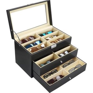 Kurtzy - Zonnebril Organiser Doos - Zwart - 3 Laags - 18 Gleuven voor Brillen