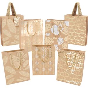 Belle Vous Bruin Hobby Papier Geschenk Tassen met Goud & Zilver Metalen Ontwerpen, Goud Verdraaid Handvat & Kaarten (15 Pak) – L18 x B8,5 x H24 cm – Voor Verjaardagen, Feestjes, Huwelijk, Baby Shower