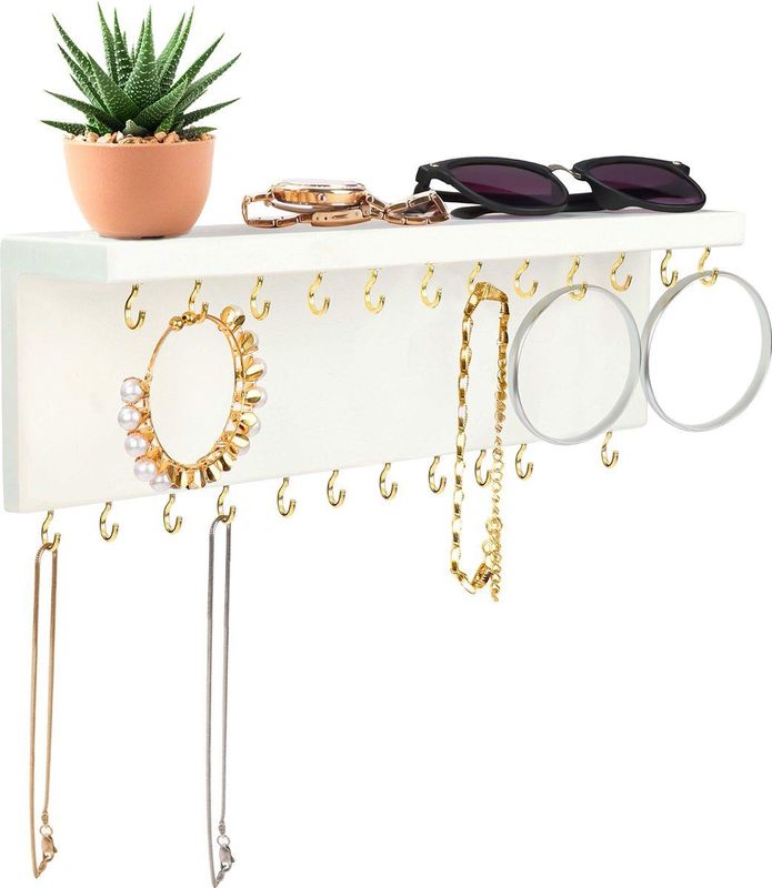 Belle Vous - Muur Gemonteerde Sieraden Houder - Wit - Houten Plank - 24 Haken