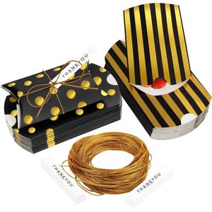 Belle Vous 50 Stuks Goud & Zwart Papieren Kussen Geschenkdozen met Cadeaulabels & Touw Vintage Kraft-Stijl Polkadot&Strepen Snoep Traktatiedozen Voor Bruiloft, Verjaardagsfeest, Kerstmis, Babyshower