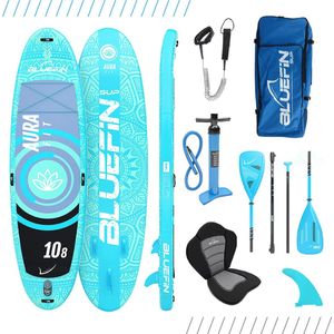 Bluefin SUP 10′8″ Aura FIT Stand Up Paddle Board Kit | 15 cm Dik | Glasvezel Peddel - Fitness en Yoga Paddle Board | Aquafitness | Alle Accessoires