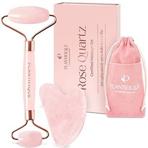 Plantifique Rozenkwarts Roller en Gua Sha Set - Face Roller en Gua Sha Stone - Anti-aging gezichtsrollen voor vrouwen en mannen - GuaSha Tool en Gezichtsmassager - Huidverzorging