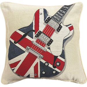 Kussenhoes - luxe gobelinstof - Bulldog - Union Jack - Engelse vlag met gitaar