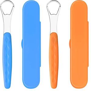 Vesaneae 2 x tongreiniger, roestvrij staal, tongschraper, tongschraper, tongkrabben met reisetui, tegen slechte adem, mondhygiëneset, smalle kop, vermindert misselijkheid