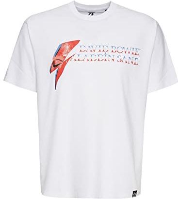 RE:COVERED X Bowie Herren T-Shirt mit David Bowie Alladin Sane-Print Baumwoll-Shirt Rundhals-Shirt MMPER767 Weiß