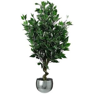 Leaf Kunstmatige tropische kunstplant in metalen pot, gemengde materialen, ficus groen gedraaid, zilver gebogen, 110 cm