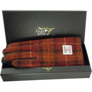 Dames Handschoenen Roestbruin Rood en Oranje ruit met Bruin Leer - Harris Tweed - Glen Appin of Scotland