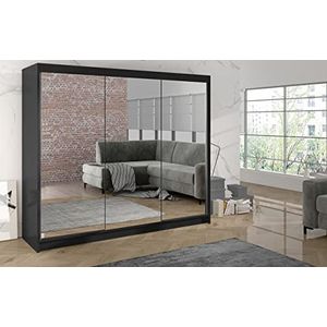ML Furniture Derby III Schuifdeuren Kledingkast 200 cm Volledige Spiegel Slaapkamermeubel, Opbergruimte - Kleur: Zwart