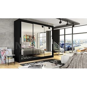 Kledingkast Zwart - Aston III 250 cm met Spiegel, Kledingkast met 3 Schuifdeuren, Slaapkamer, Woonkamer - 250 x 215 x 58 Schuifdeurkast - Slaapkamermeubels met Kledingrek