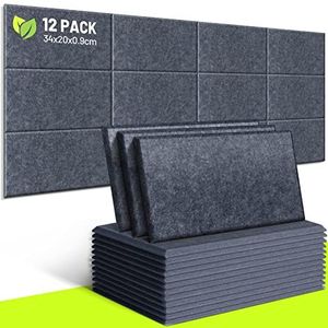 CAHAYA Akoestische platen, 12 stuks, 9 mm dik, gevoerd, zonder lijm aan de achterkant, 34 x 20 cm, geluidsisolerende isolatieplaat, geluidsabsorberende geluidsreductieplaten voor kantoordeurwanden CY0313-3, donkergrijs