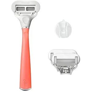 Flamingo Scheermesjes voor vrouwen, scheerset voor vrouwen met scheergreep in pomelo en zilver, 3 reservescheermesjes, douchehouder, scheermesjes, scheermesjes voor dames, scheermesjes voor nat
