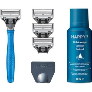 Harry's Nat scheerapparaat voor mannen, blauwe handgreep, 4 reserves, reis-mes-cover, 60 ml scheergel, scheermesjes, scheermesjes voor heren