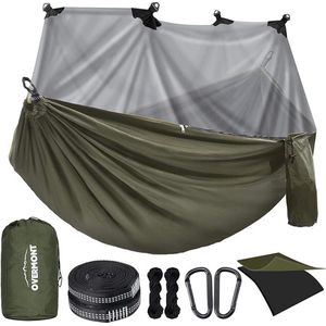 Overmont Dubbellaagse hangmat met muggennet, TÜV-getest, 450 kg draagvermogen, ademende outdoor hangmat voor camping, reizen, trekking, tuin, 280 x 185 cm, nylon parachute