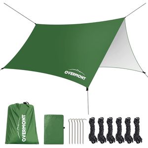 Overmont Camping tentzeil 3 m x 3 m multifunctioneel draagbaar zonnescherm met 6 haringen en 6 touwen, zonwering voor hangmat, outdoor, reizen, picknick (groen)