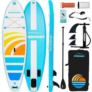 Overmont SUP Opblaasbaar stand-up paddleboardset met paddleboard-accessoires, inclusief verstelbare peddel, pomp, afneembare vin, surfboard lijn, waterdichte zakrugzak