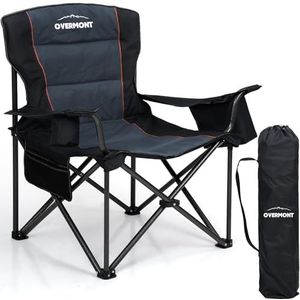 OVERMONT Extra grote opvouwbare campingstoel, belastbaar tot 204 kg, met bekerhouder, koeltas, hoge rugleuning, voor tuin, balkon, strand, vissen