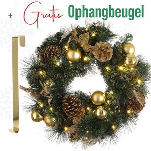 MeisterHome ® Kunstkerstkrans adventskrans voor deur Ø 50 cm - kerstdeurkrans decoratie voor binnen en buiten met 35 leds, timer en goudkleurige decoratie + goudkleurige hanger