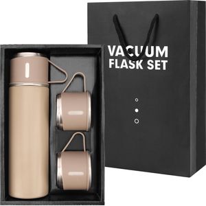 Belle Vous Beige Stainless Steel Flask Bottle with Cup Lid & 2 Cups - 500ml/17oz Double Walled & Vacuum Insulated Travel Mug - Reusable Metal BPA-Free/Leakproof Water Bottle for Hot and Cold Drinks