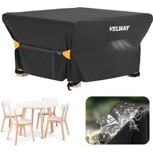 Velway Rotan tuinmeubelhoezen: waterdicht 125 x 125 x 74 cm vierkante buitentafelhoes met ventilatieopening anti-UV winddicht voor patio kubus eetkamer set - zwart