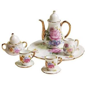 Dolls House Accessories,Dolls House Furniture 8pcs 1:12 Miniature Ceramic Tea Cup Set Porcelain Tea Cup Set Flower Print with Gold Trim Dollhouse Kitchen Accessories