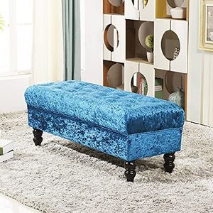 Opbergkruk met kristallen knopen, premium fluweel gevoerd uiteinde van de bedbank met opbergruimte, mooie decoratieve meubelvoetsteun voor woonkamer, vrouwen, slaapkamer, zeeblauw, 90 x 45 x 45 cm (3