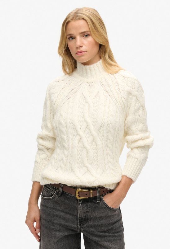 Superdryvoor vrouwen. W6110530A Zwarte gebreide trui met hoge hals in achtengebreide stof (XS), Casual, Acryl