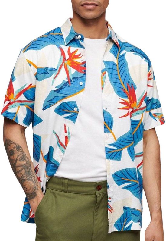 Superdry - M4010353A - Overhemd - Wit - Linnen Mix, Korte Mouwen, Twee Borstzakken