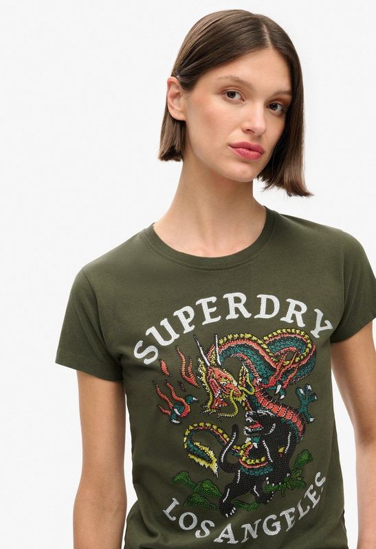 Superdry - Tattoo Rhinestone - T-shirt - Carbon Black - Fitted met Korte Mouwen