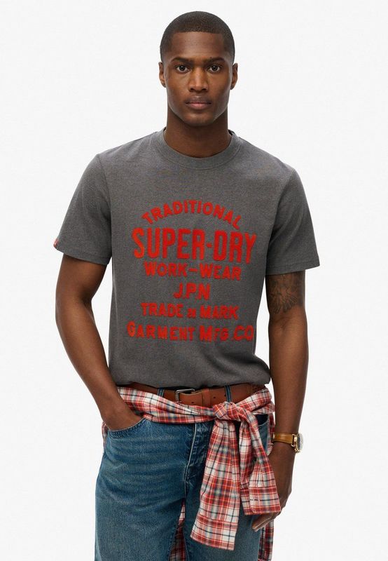Superdry - Workwear Flock Graphic T-shirt - Ash Grey Marl - Korte Mouwen