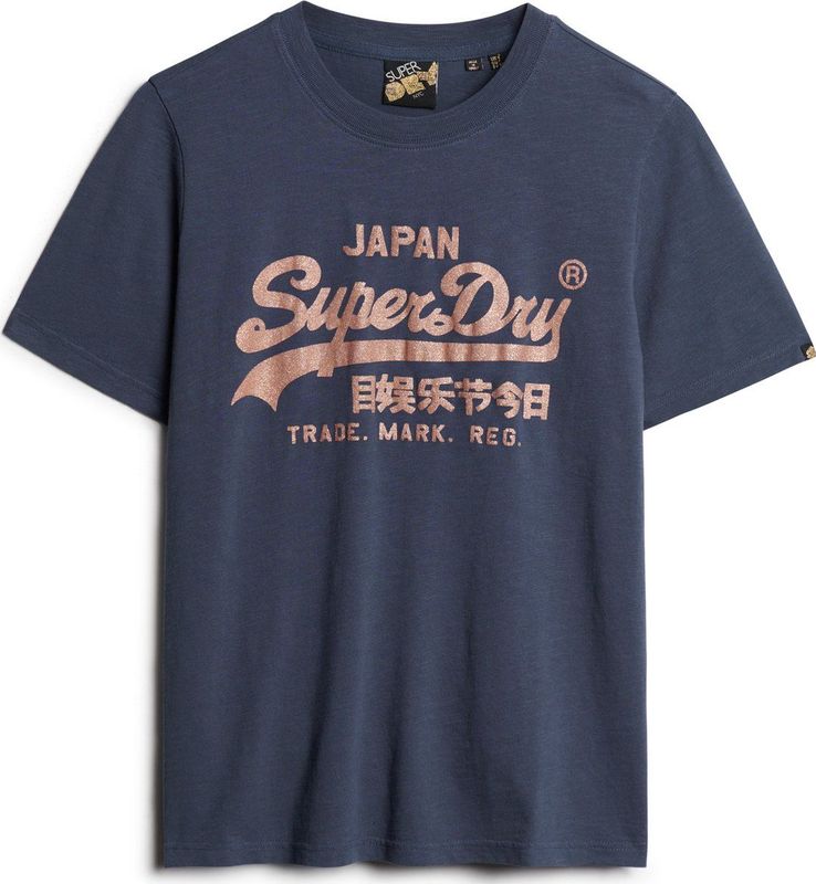 Superdry - W1011408A - T-shirt - Marineblauw - Katoen, Korte Mouwen, Vintage Metallic Logo