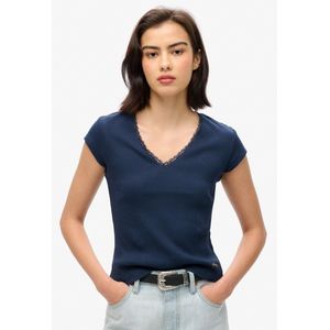 Athletic - Essential Lace Trim V-Neck Top - Zwart - Ribbed Katoen