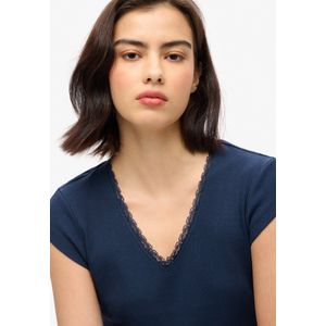 Athletic - Essential Lace Trim V-Neck Top - Zwart - Ribbed Katoen