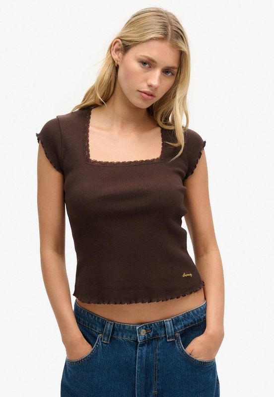 Superdry - Essential Square Neck - T-shirt - Bruin - Slim Fit
