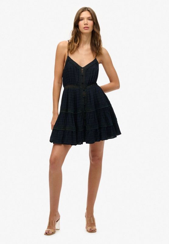 Superdry - Alana Lace Trim - Jurk - Zwart - Gevoerde Rok - Kantdetails