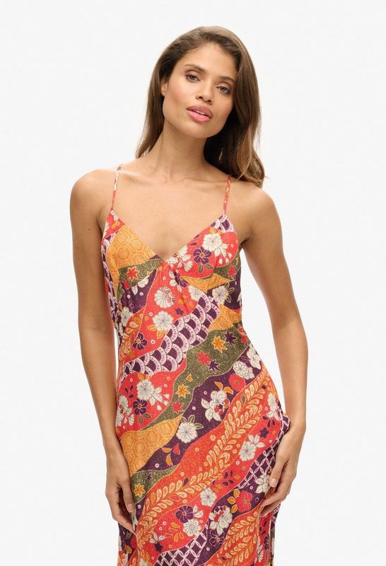 Superdry - Printed Slip - Lange Jurk - Zwart - Slim Fit, Verstelbare Spaghettibandjes, V-hals