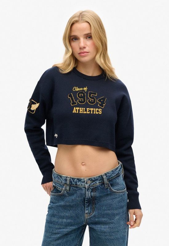 Superdry - W6110537A Varsity Pullover - Marineblauw - Biologisch Katoen