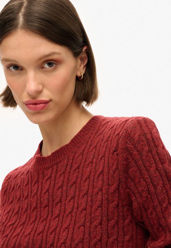 Superdry - Fitted Cable Trui - Grijs - Katoen - Geribbelde Ronde Hals