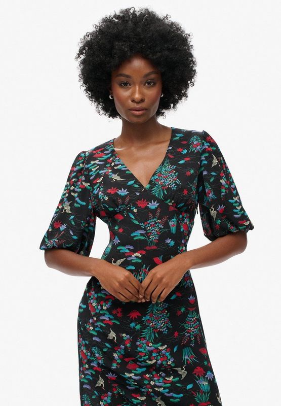 Superdry - W8011744A - Midi-jurk - Zwart - Korte Mouwen - Gerecycled Polyester - Duurzaam