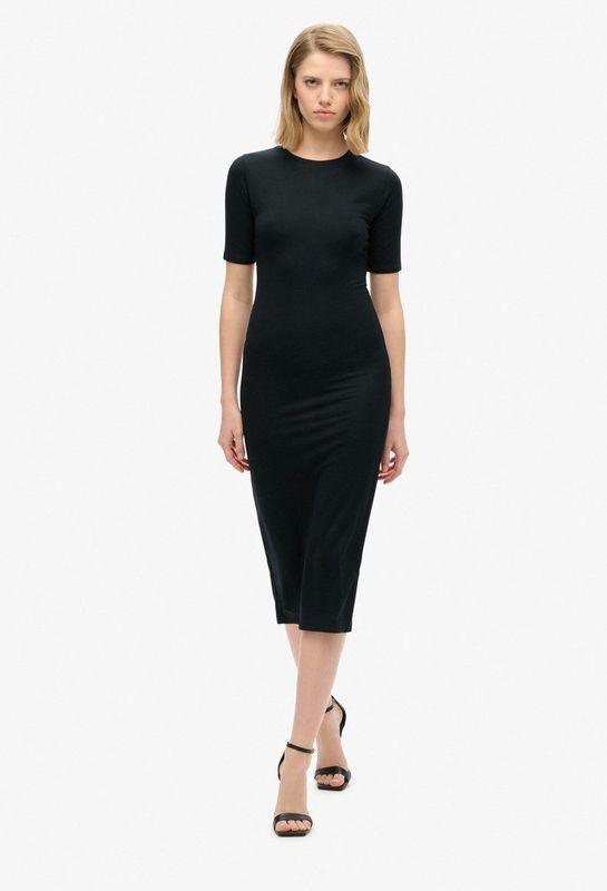 Superdry - W8011766A - Gebreide Midi-jurk - Zwart - Korte Mouwen