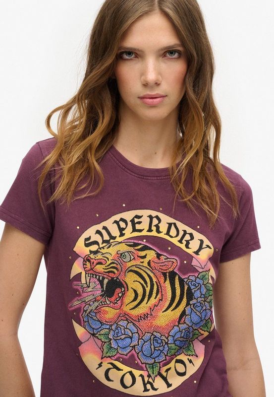 Superdry - Tattoo Rhinestone - Fitted T-shirt - Carbon Black - Korte Mouwen