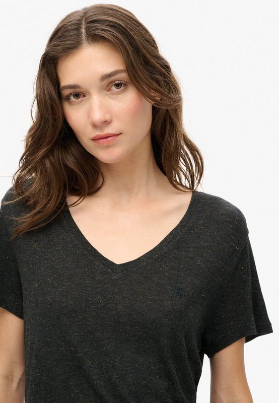 Superdry - Slub Embroidered V-Neck T-Shirt - Zwart - Katoen