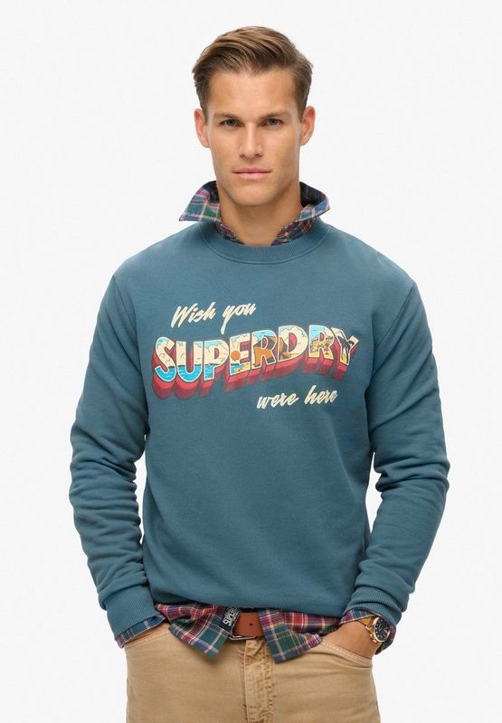 Superdry - Travel Postcard Graphic - Sweatshirt - Grijs - Geborstelde Stof, Crew Neck, Lange Mouwen