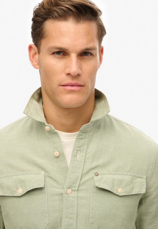 Superdry - Merchant - Overhemd - Groen - Katoen/Linnen - Lange Mouwen