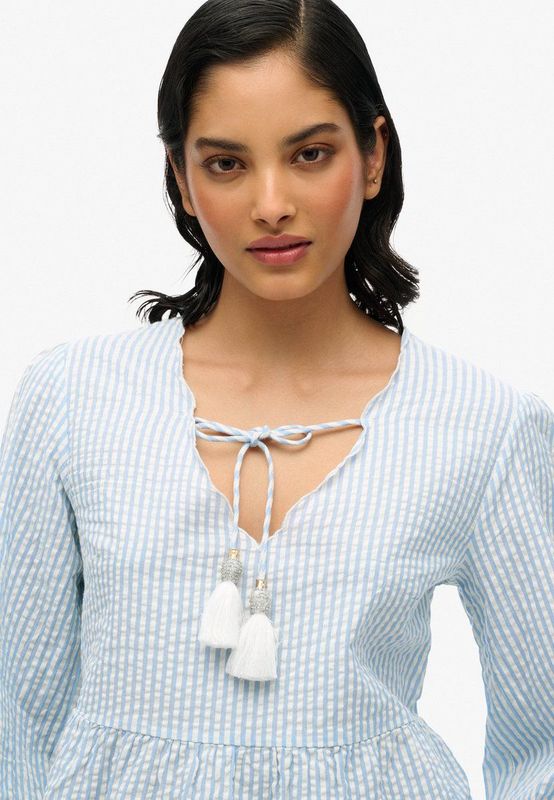 Superdry - Blouseshirt - Lichtblauw/Wit - Katoen - Gestreept